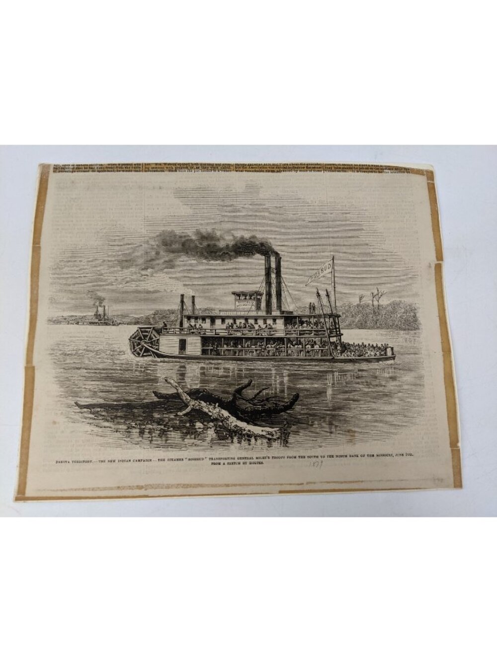 1879 Engraving Missouri River Steamboat "Rosebud" General Miles Troops Indian